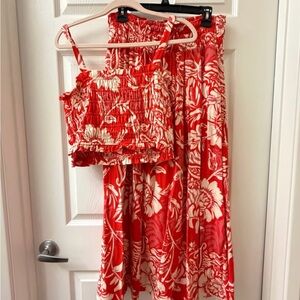 Red Orange Floral Smocked Maxi Skirt Set